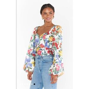 Show Me Your Mumu Crop Top Women XL White Floral Puff Sleeve Peplum Wedding